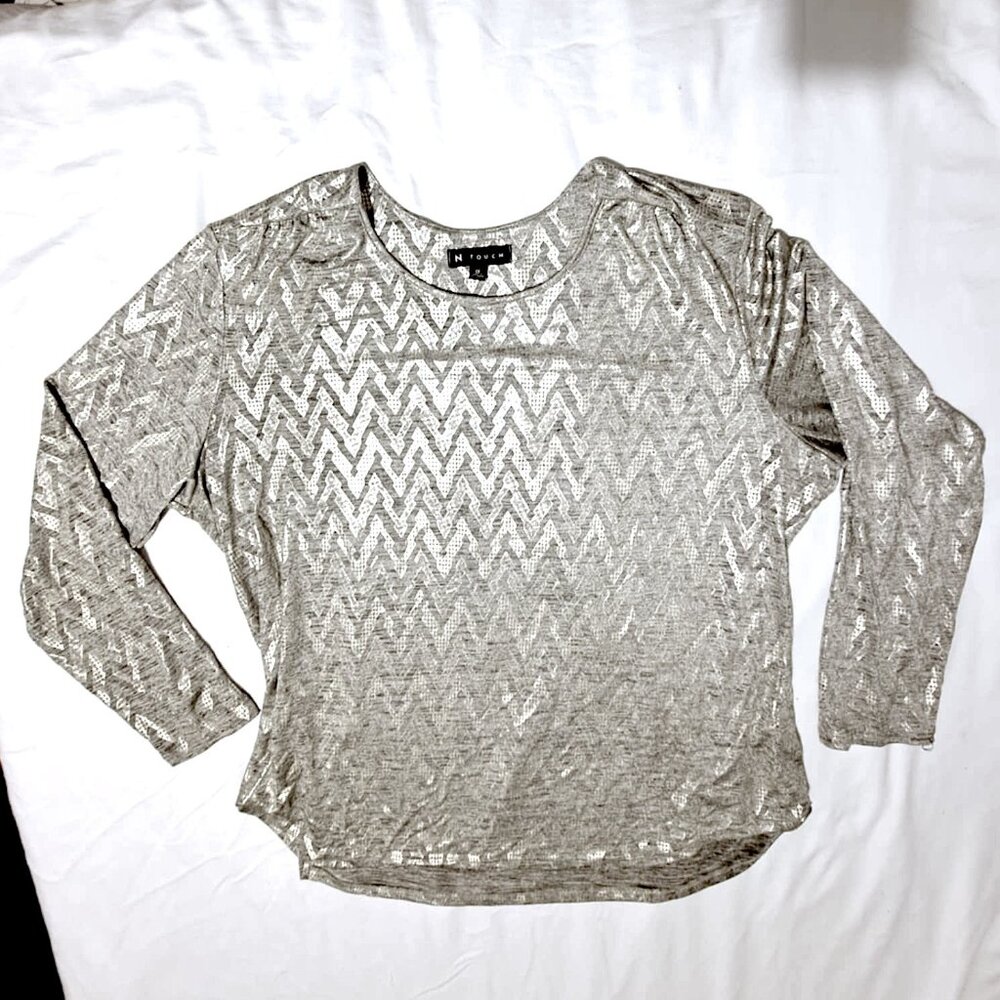 N Touch Women Size Elegant Silver Melange Sparkly Top Blouse Shirt - 1X